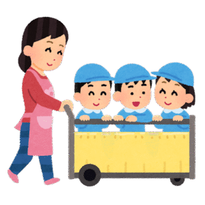 An illustration from Irasutoya showing a childcare worker pushing three small children in a wheeled cart