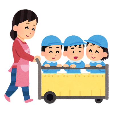 An illustration from Irasutoya showing a childcare worker pushing three small children in a wheeled cart