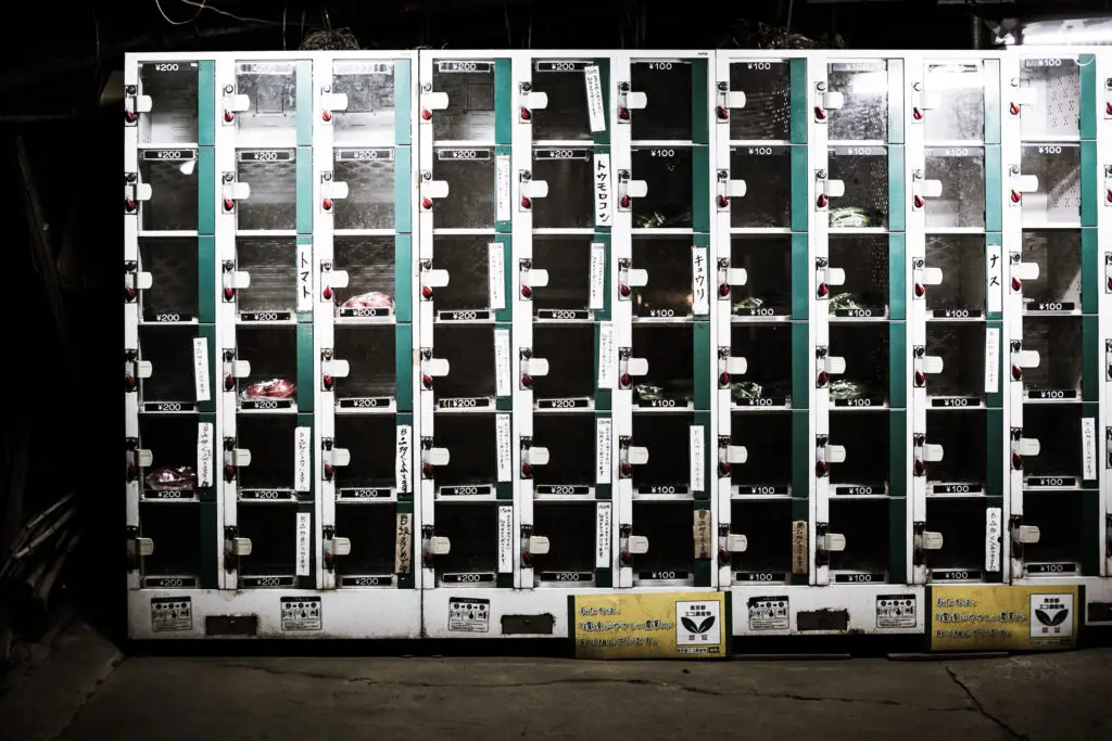 A bank of coin lockers used for vending produce at a small farm in Nerima Ward, Japan
